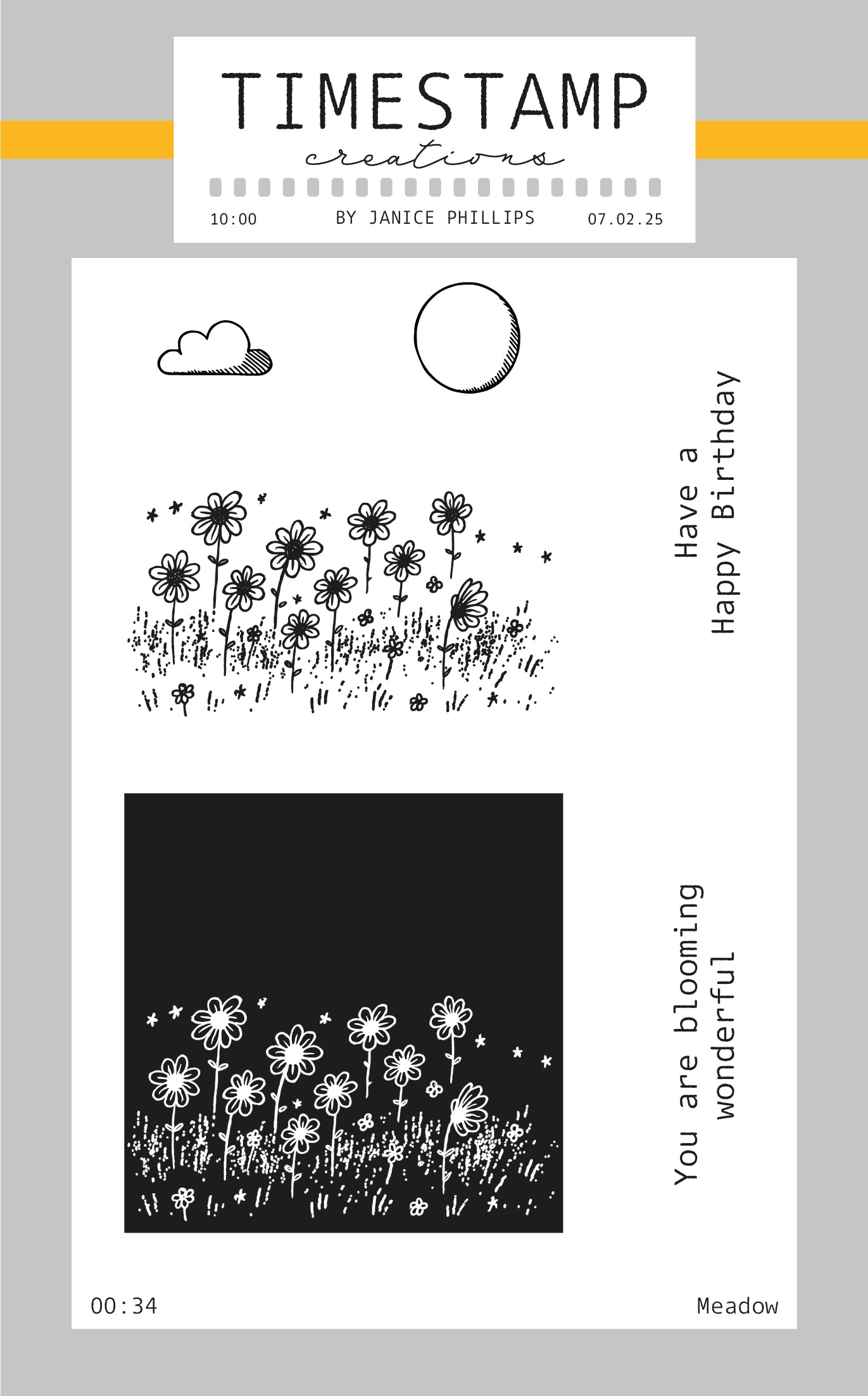 Set of clear stamps with floral designs and text on a light gray background