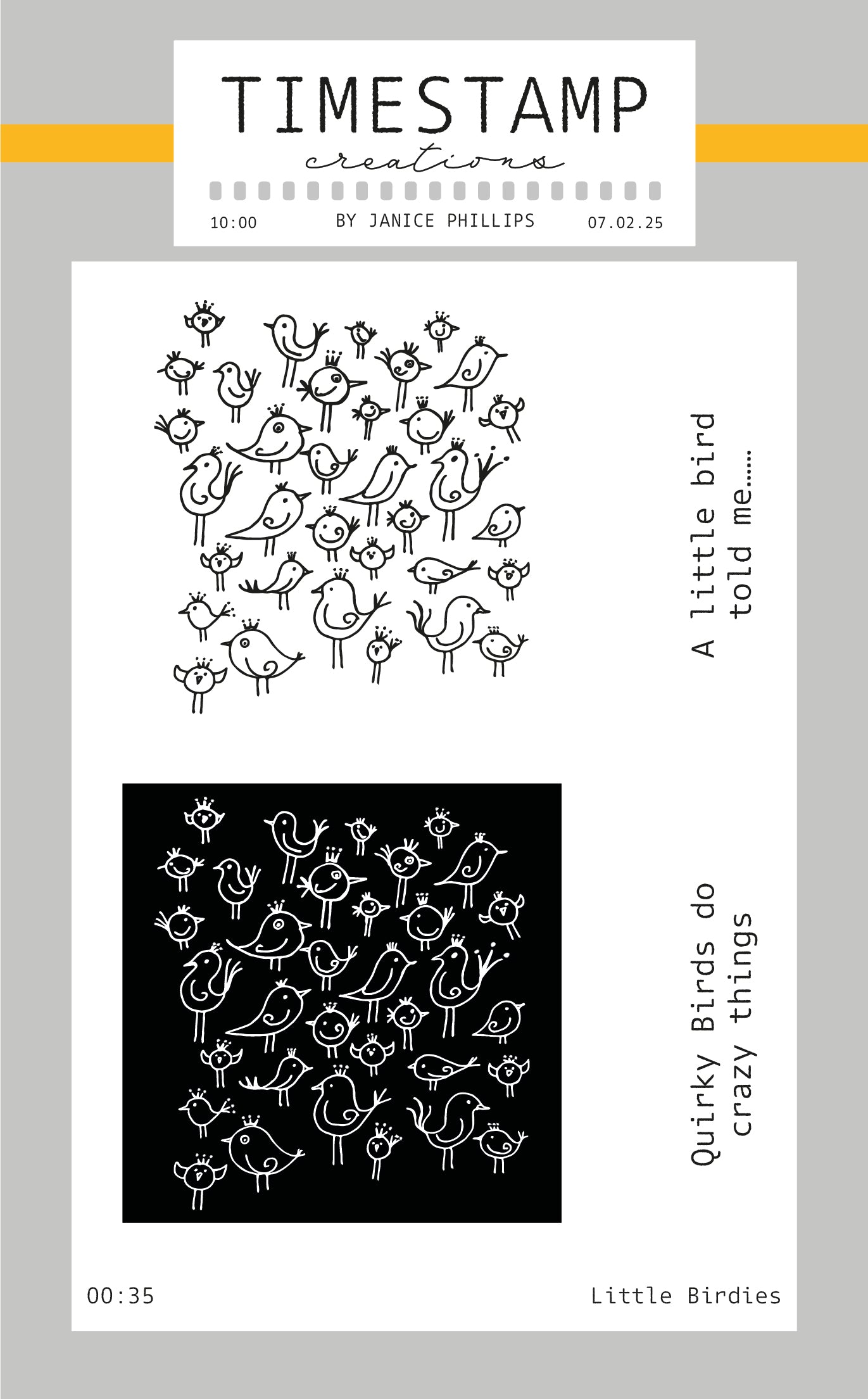Design of birds with text on a light gray background, featuring the brand 'Timestamp Creations' by Janice Phillips.