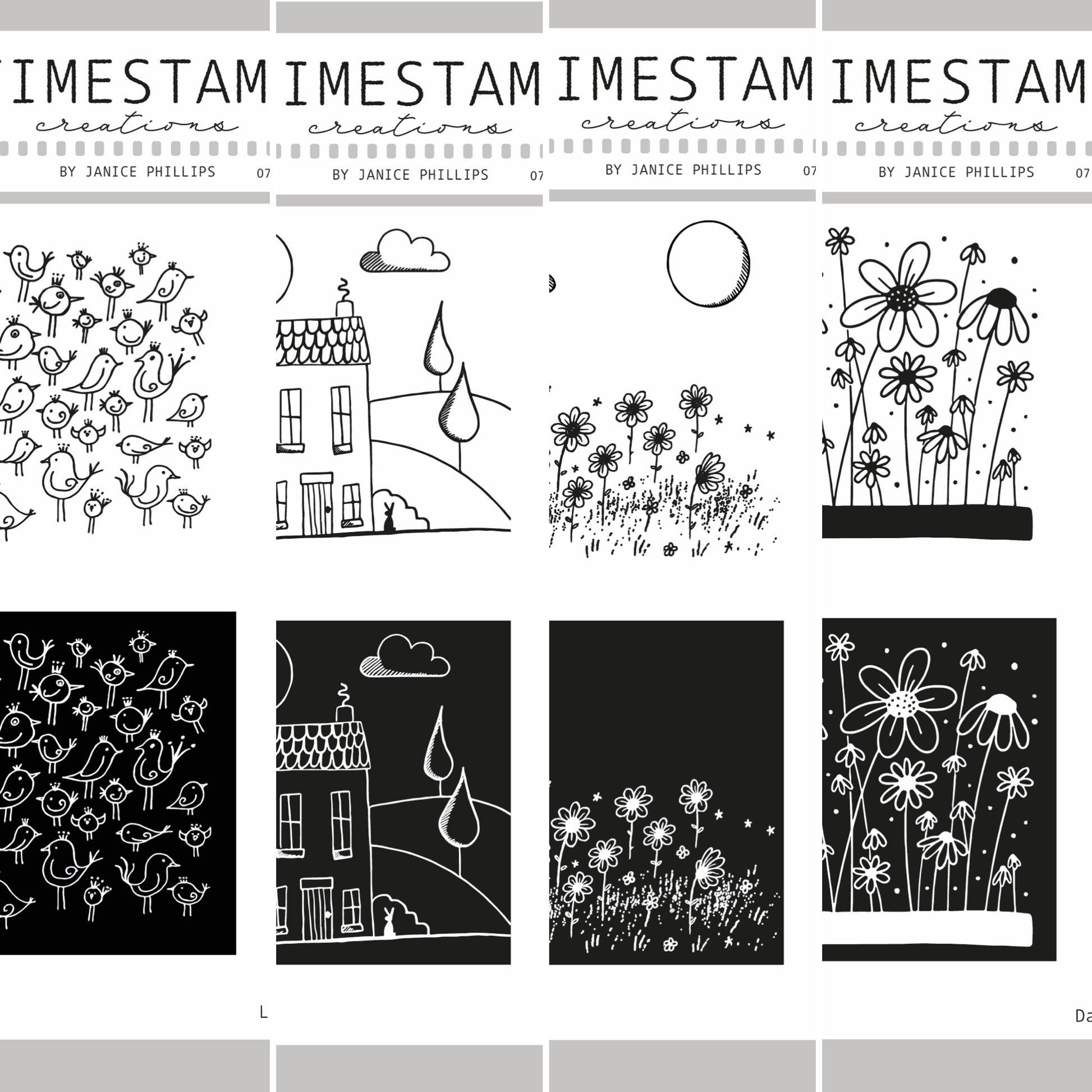 Collection of black and white illustrations by Janice Phillips with 'IMESTAM' branding.