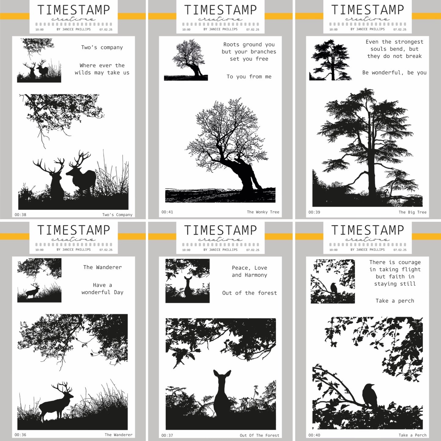 Collage of black and white nature-themed prints with timestamps and text.
