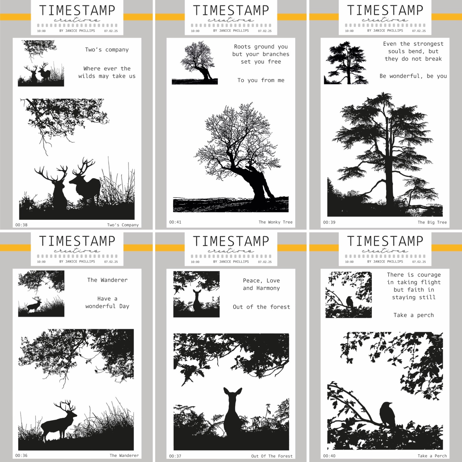 Collage of black and white nature-themed prints with timestamps and text.