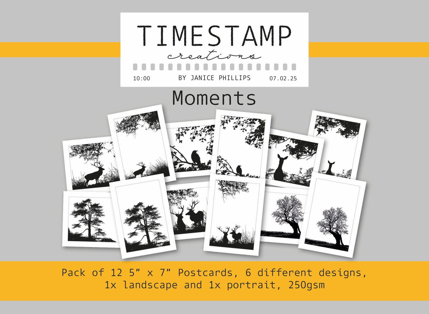 Packaging of 'Timestamp Creations' postcards with black and white images on a gray background.