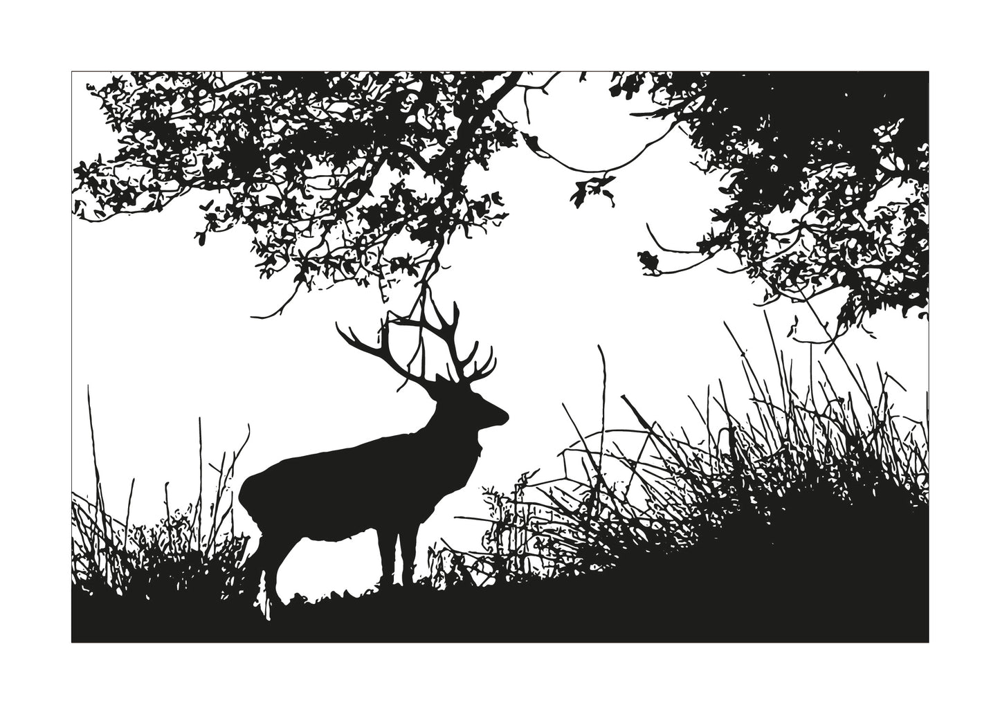 Silhouette of a deer in a natural setting with trees and grass.