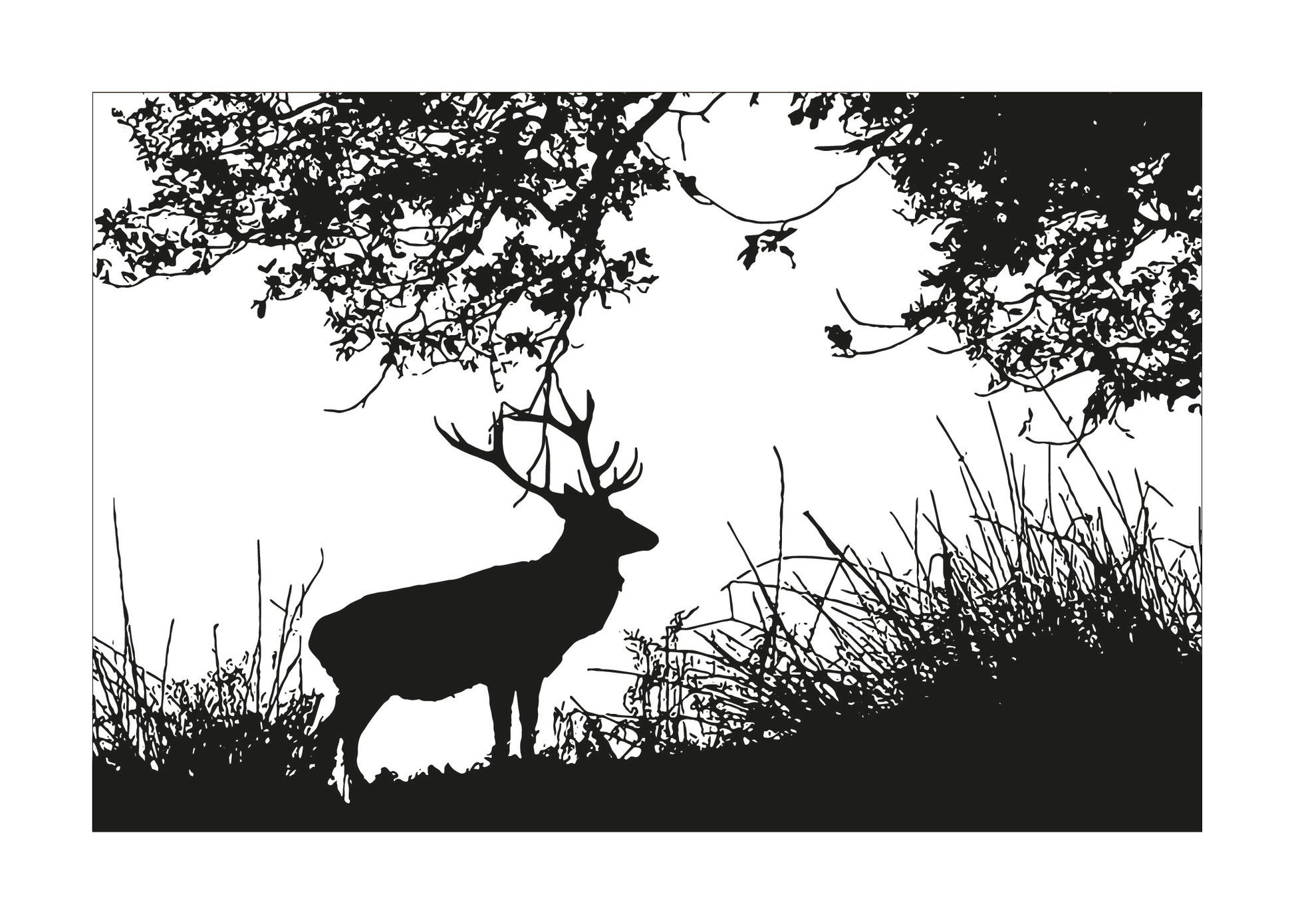 Silhouette of a deer in a natural setting with trees and grass.