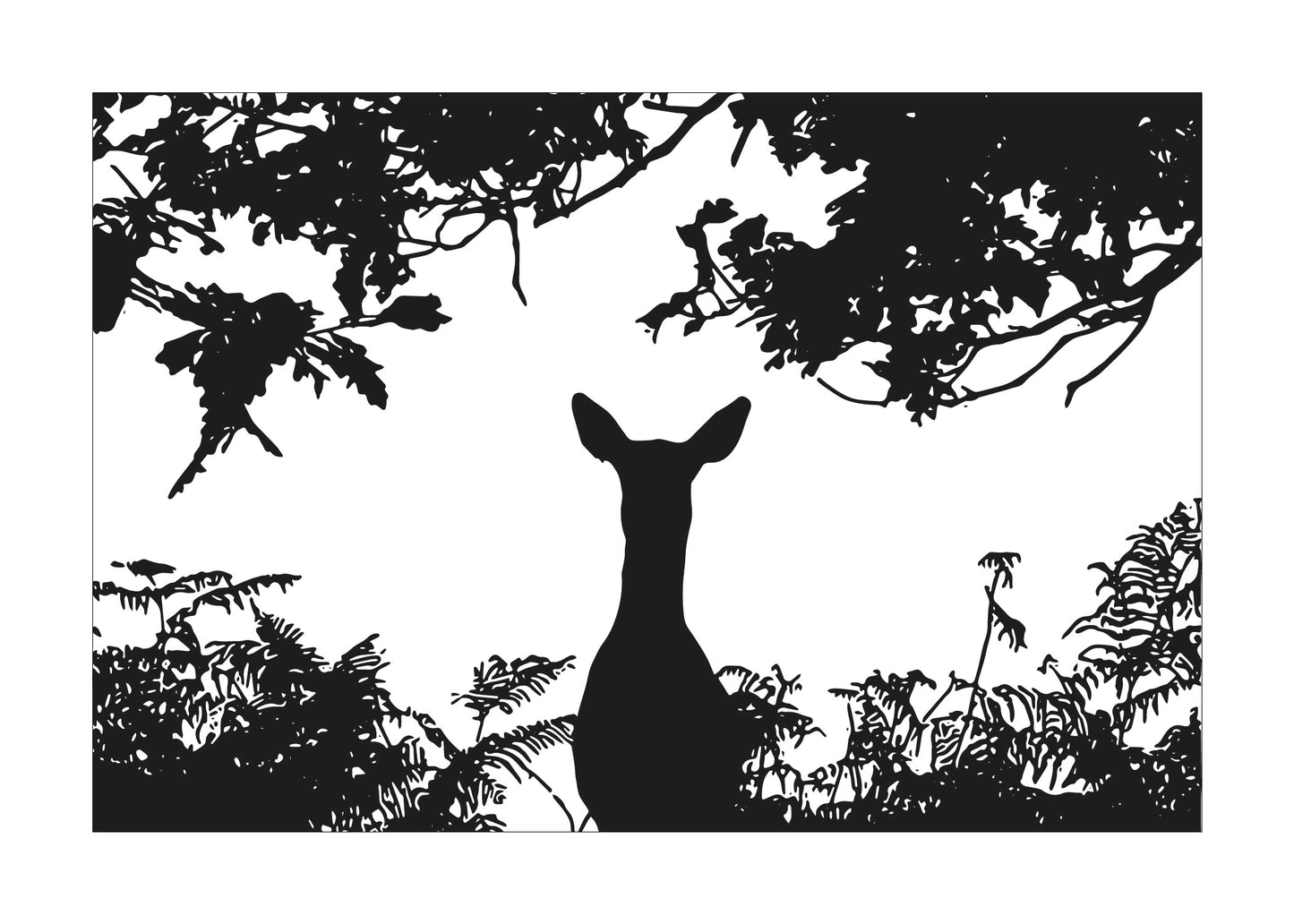 Silhouette of a deer among trees and foliage on a white background