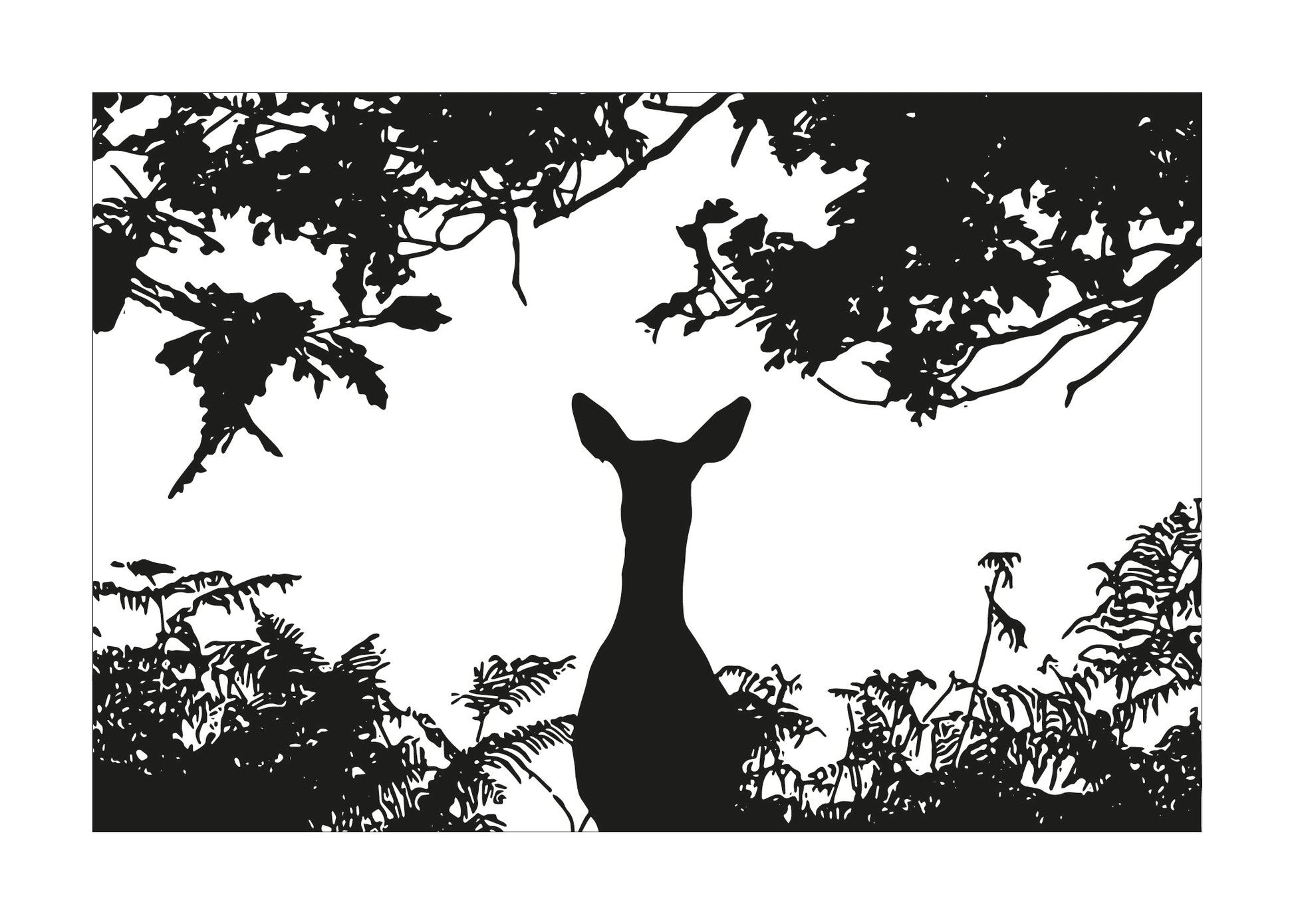 Silhouette of a deer among trees and foliage on a white background
