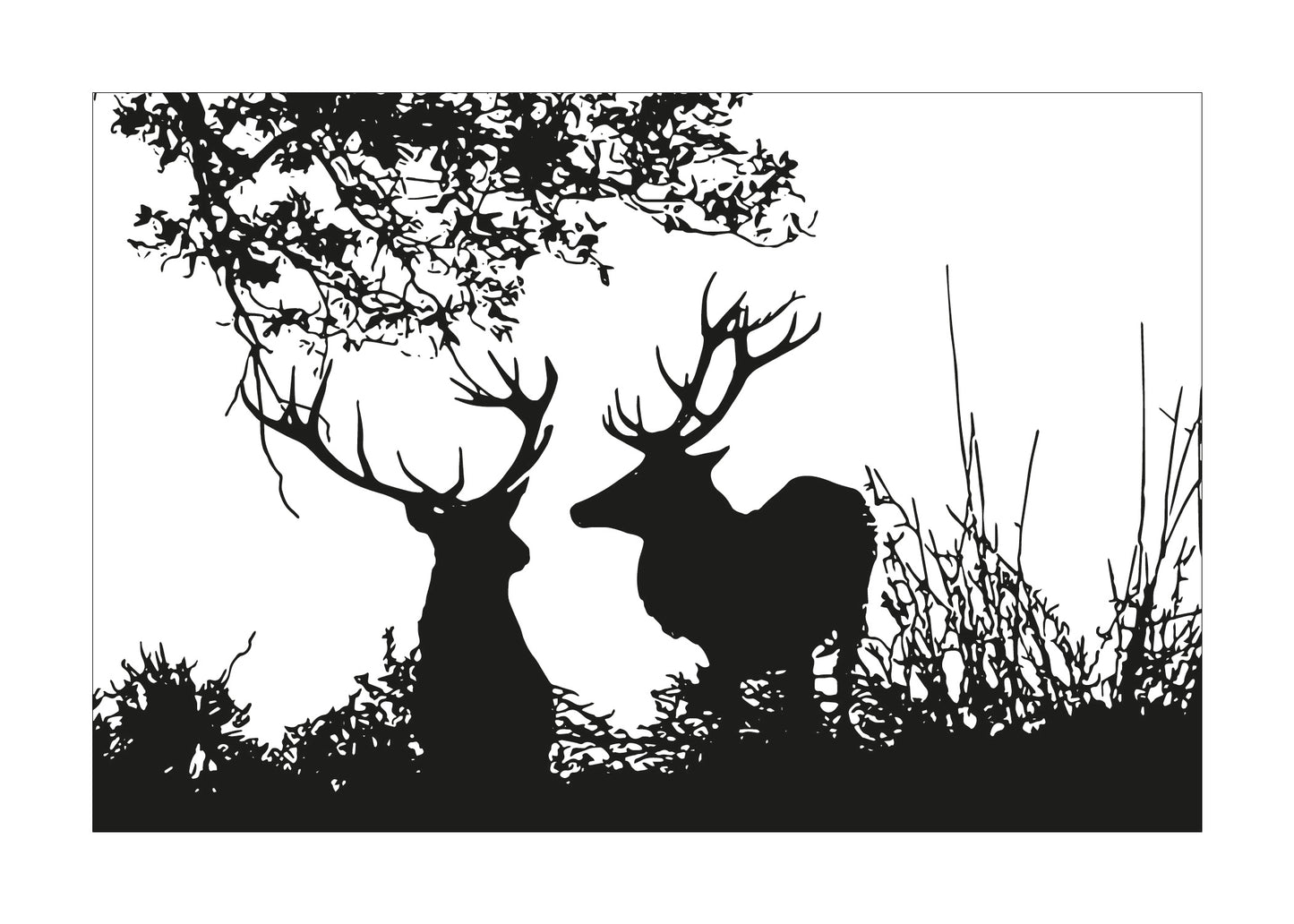Silhouette of two deer in a natural setting with trees and grass.