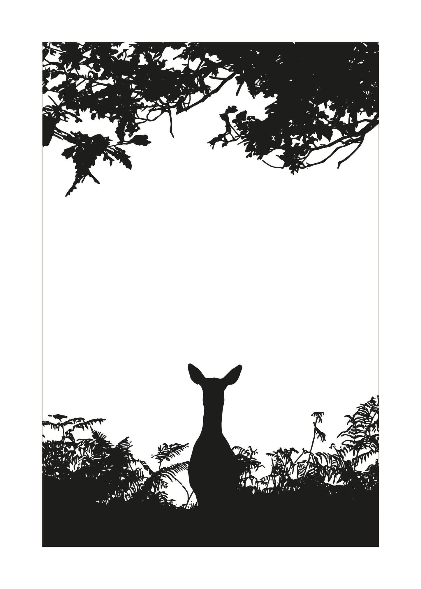 Silhouette of a deer in a forest setting with trees and foliage.