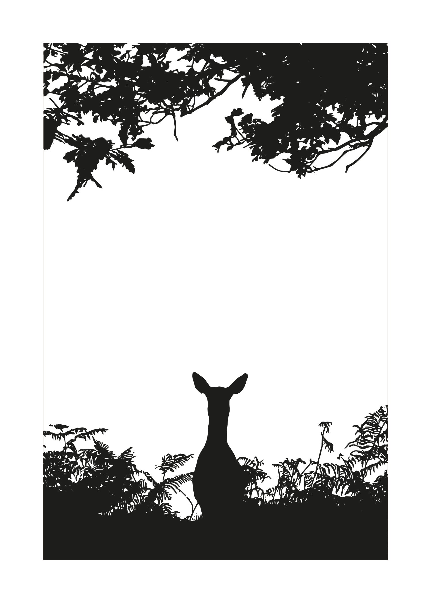 Silhouette of a deer in a forest setting with trees and foliage.