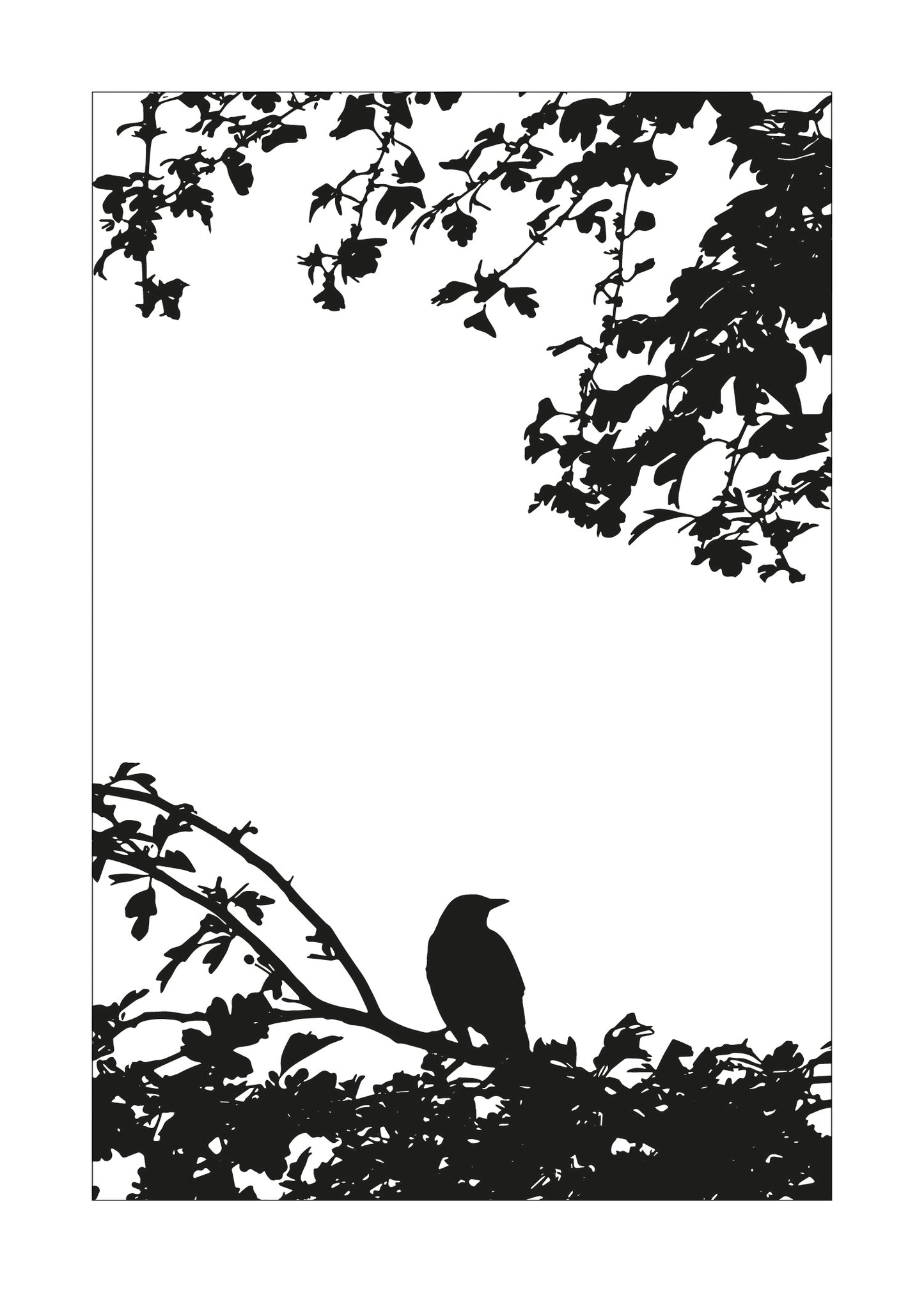 Silhouette of a bird perched on a branch with leaves against a white background