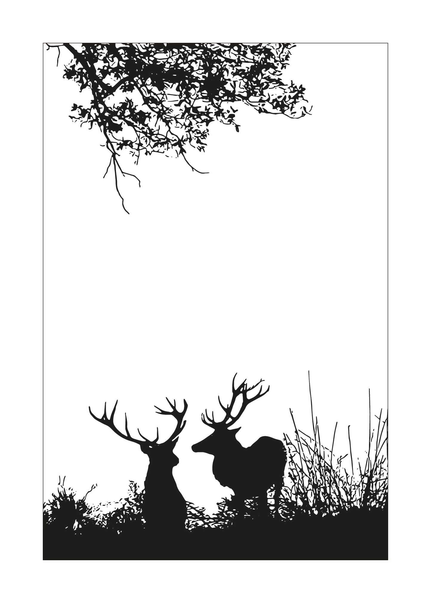 Silhouette of two deer in a natural setting with trees and grass.