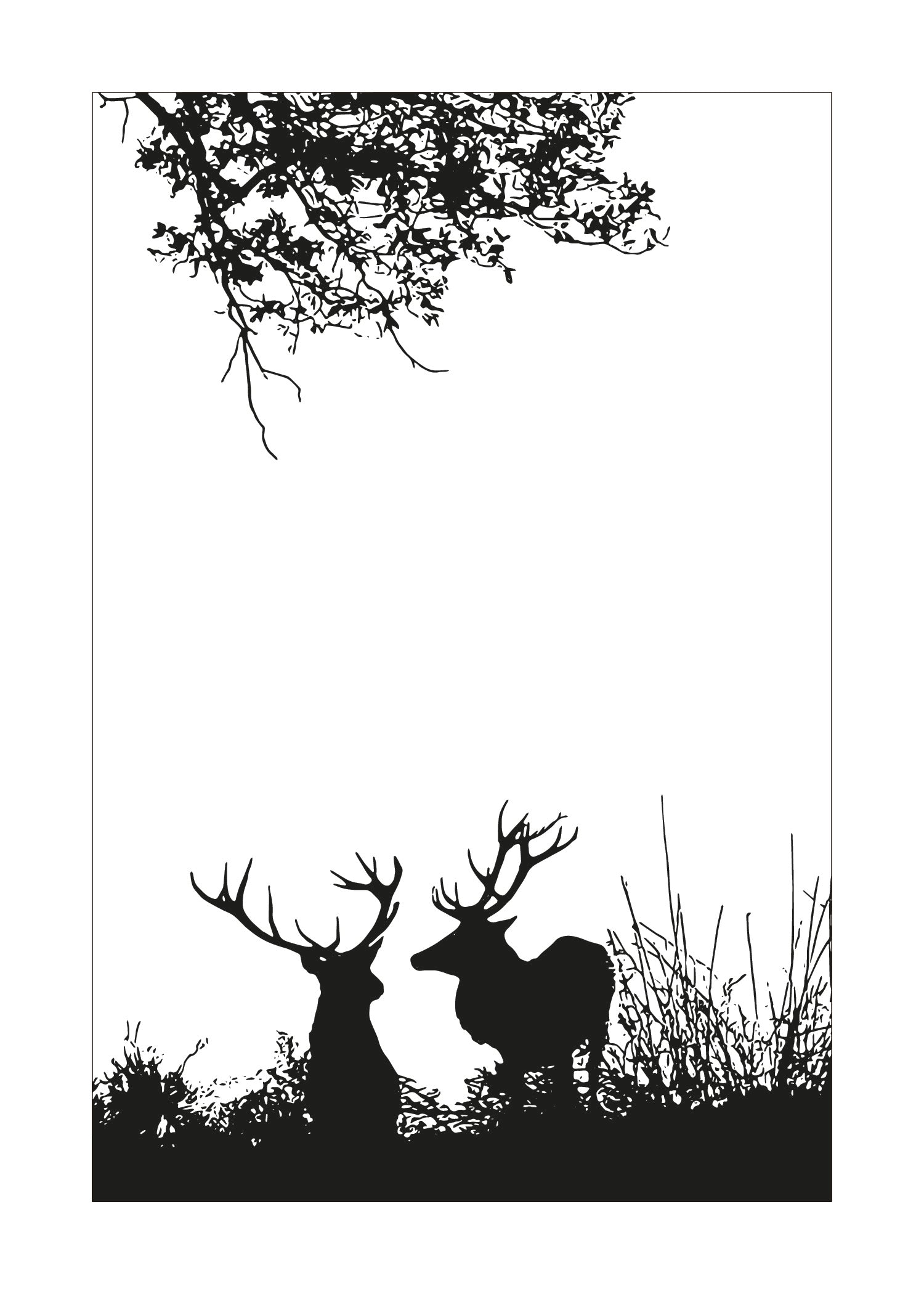 Silhouette of two deer in a natural setting with trees and grass.