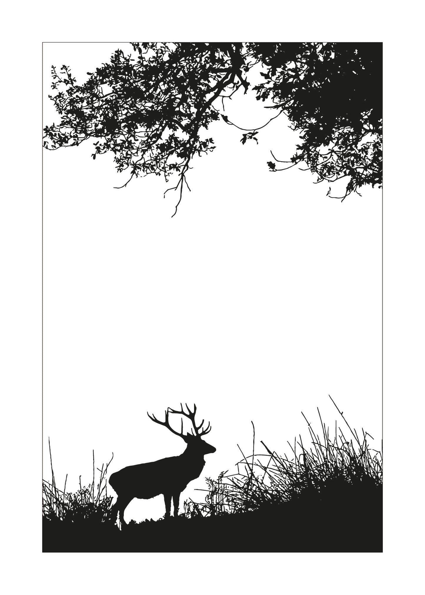 Silhouette of a deer standing in a grassy field with trees in the background