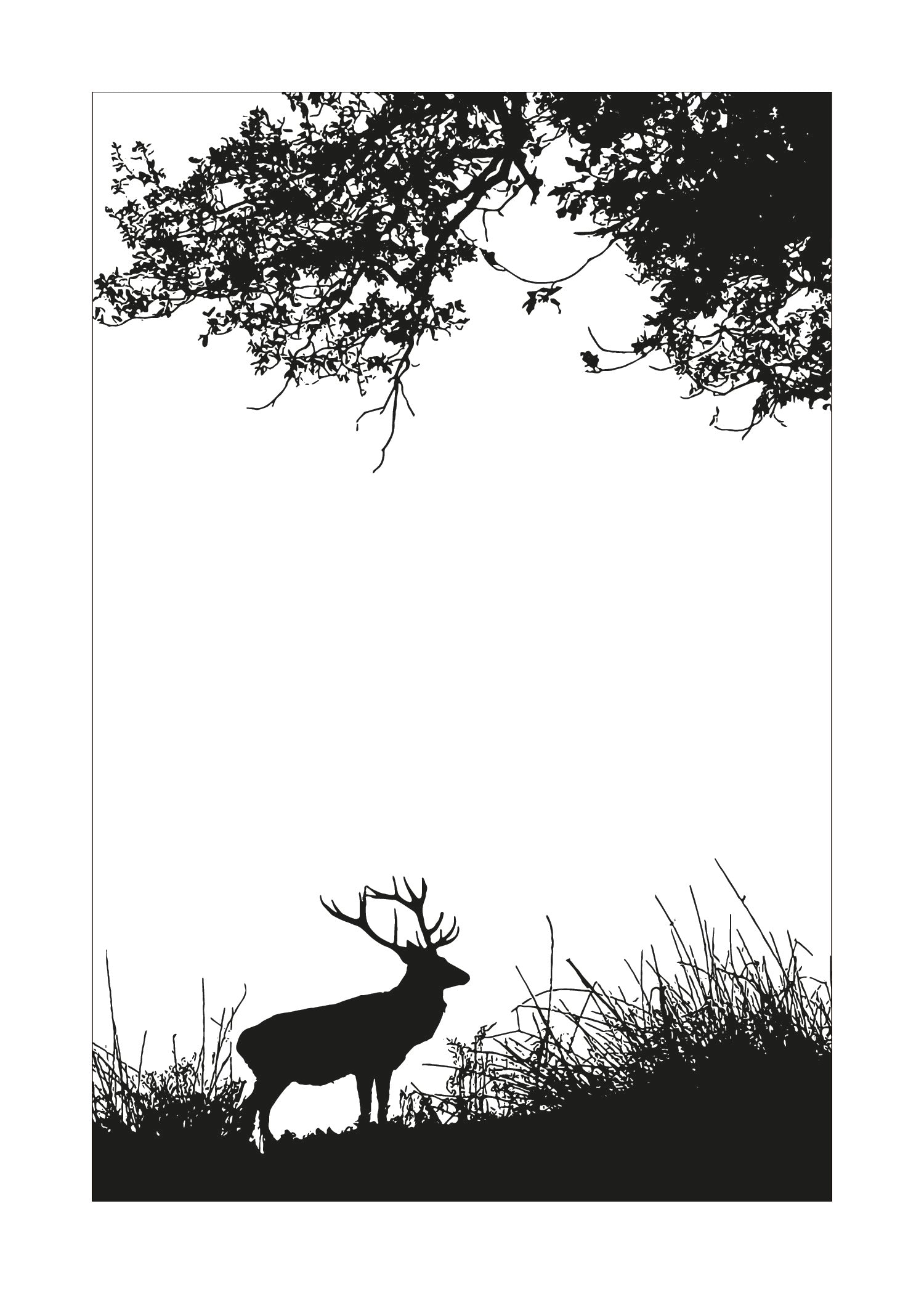 Silhouette of a deer standing in a grassy field with trees in the background