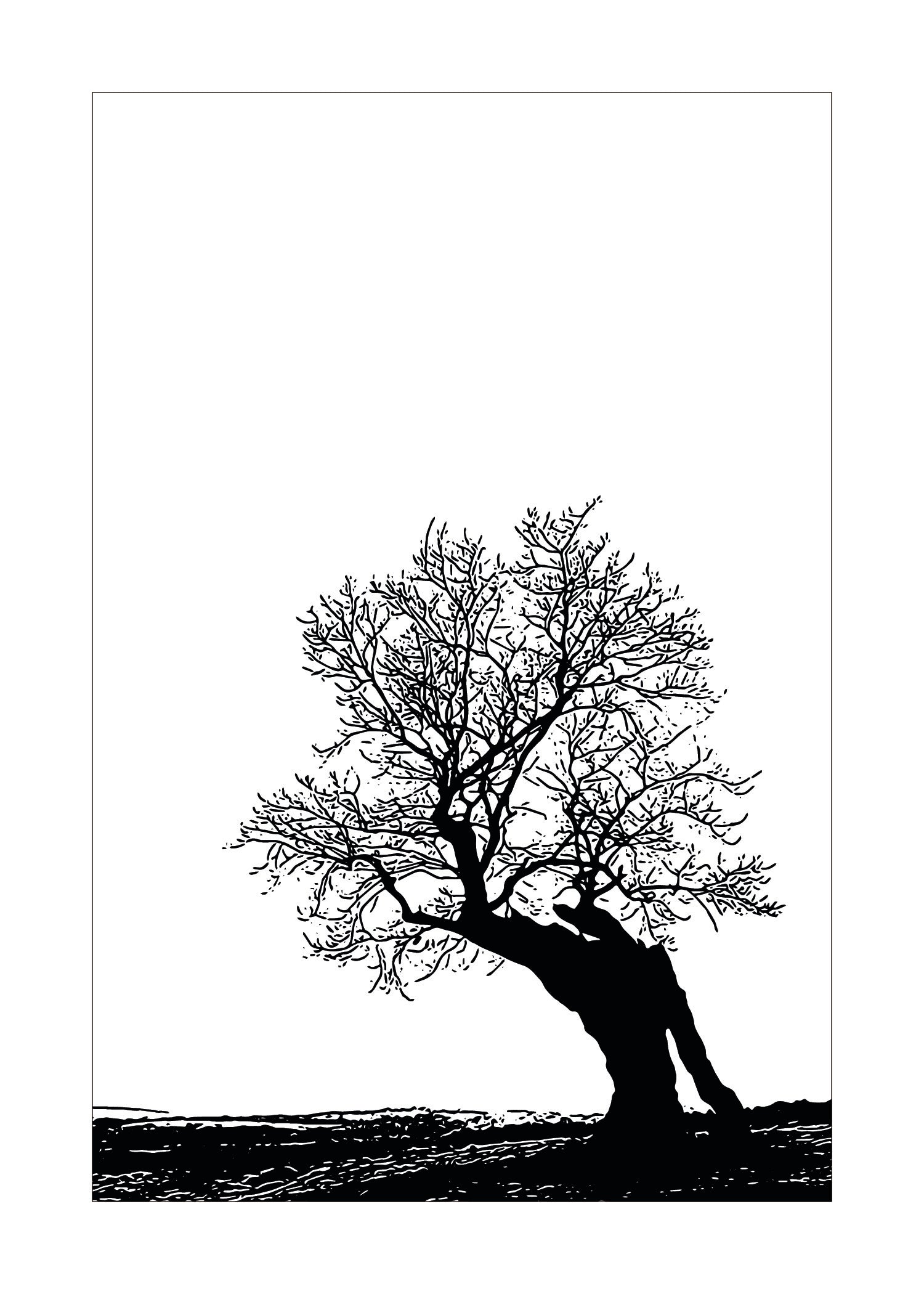 Black and white illustration of a tree on a plain background