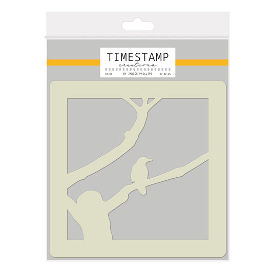 A packaged wooden craft die featuring a bird perched on a tree branch silhouette, shown in its retail hanging sleeve with the brand name Timestamp Creative.