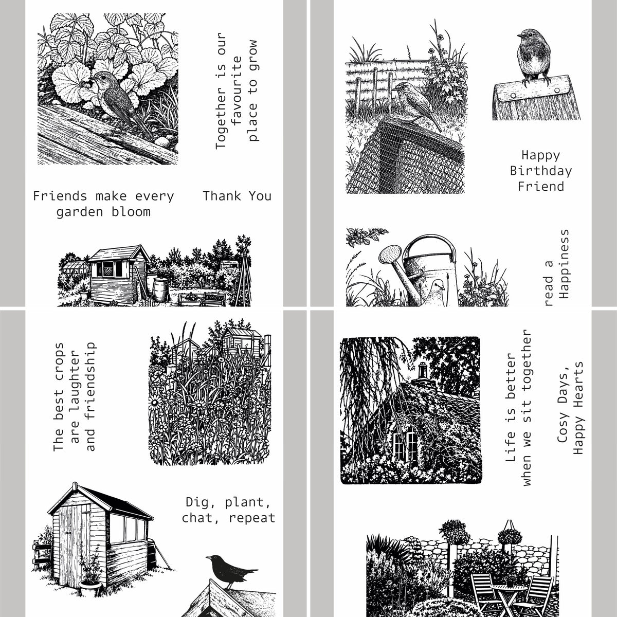 Four scenes from the allotment and countryside showing birds and a garden