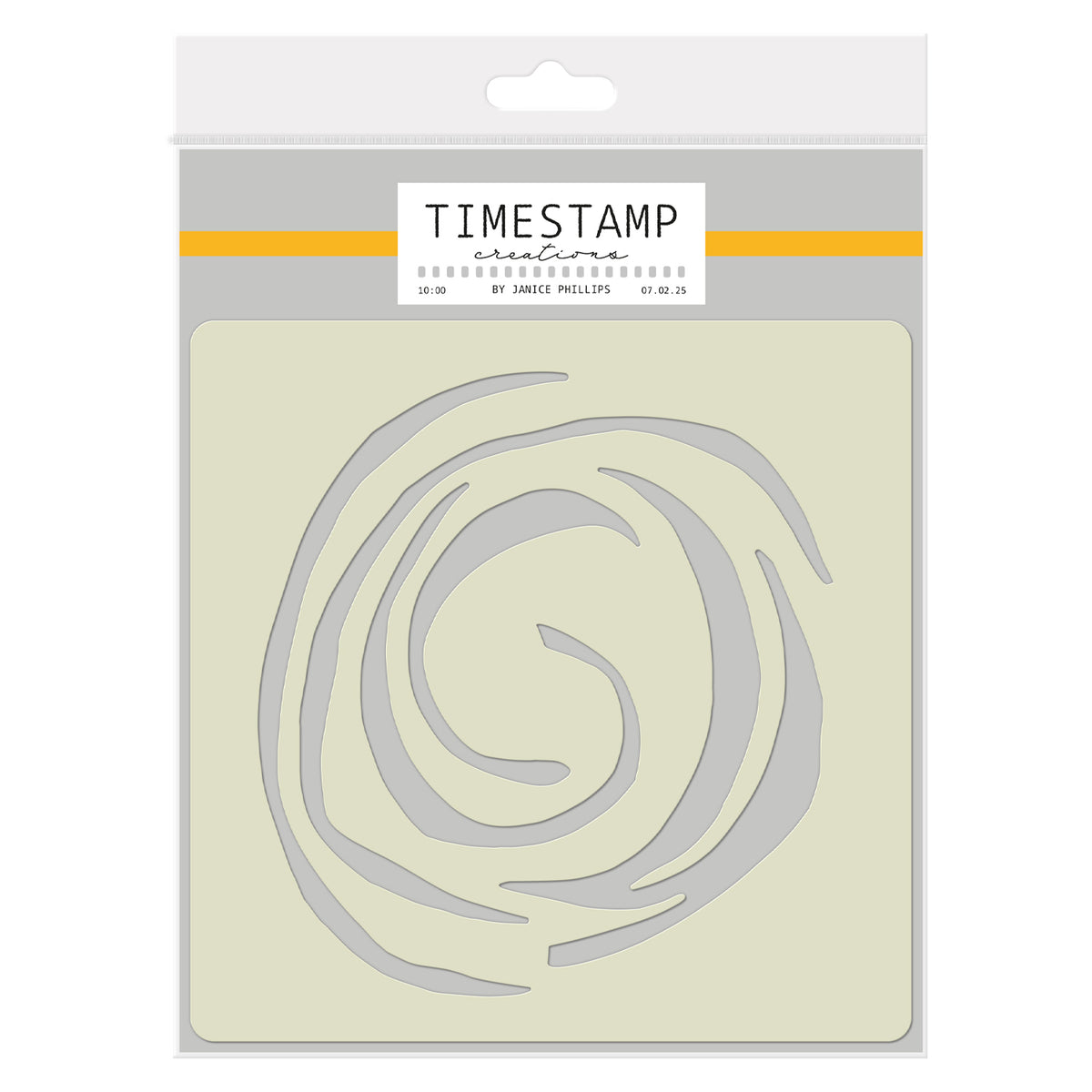 A packaged stamp set by Tim Holtz Crafts, featuring a spiral-shaped metal stamp on a light beige backing card inside a clear plastic sleeve with a white header.