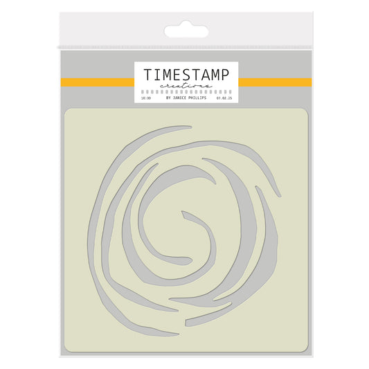 A packaged stamp set by Tim Holtz Crafts, featuring a spiral-shaped metal stamp on a light beige backing card inside a clear plastic sleeve with a white header.