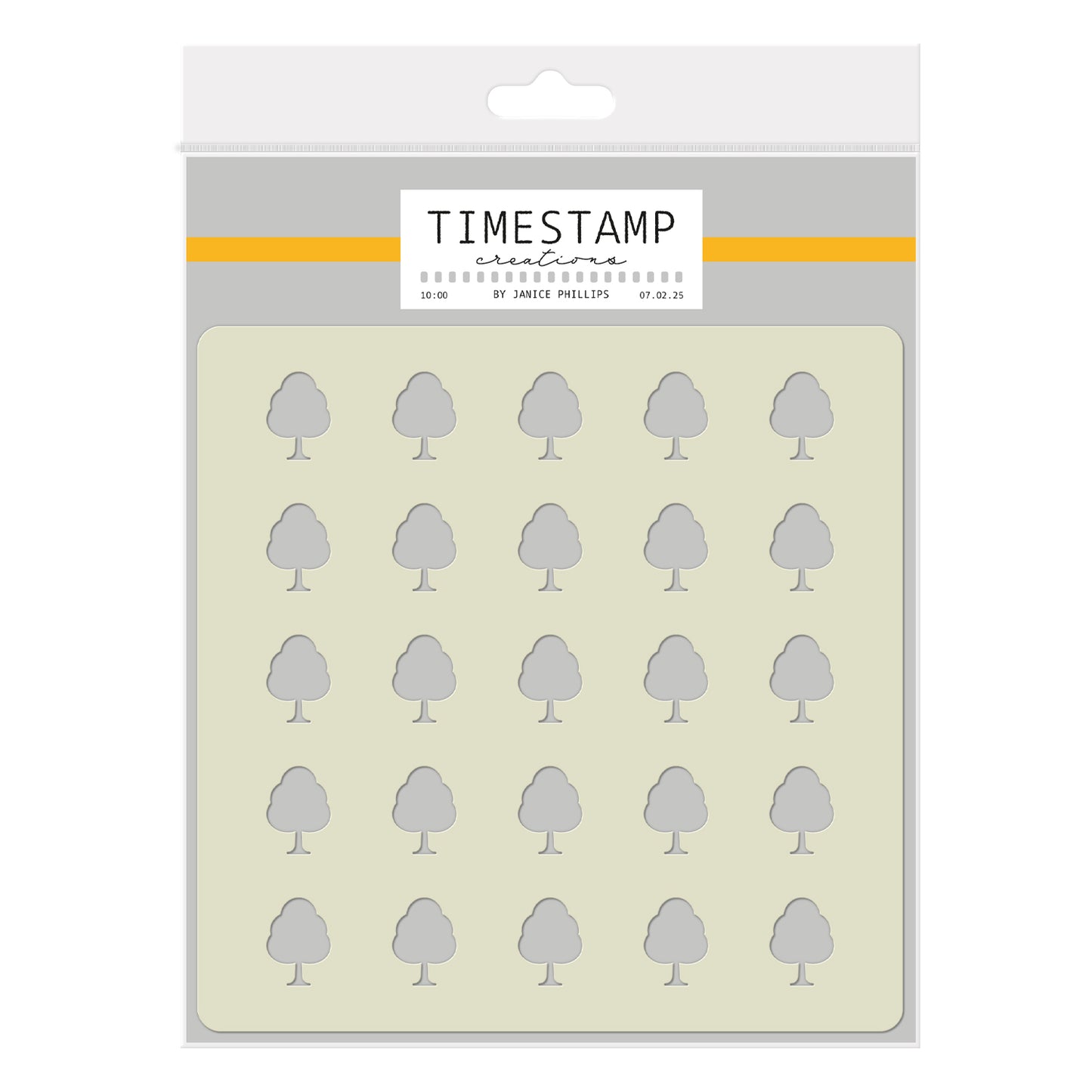 Packaging of 'Timestamp' tree-shaped stamps on a beige background