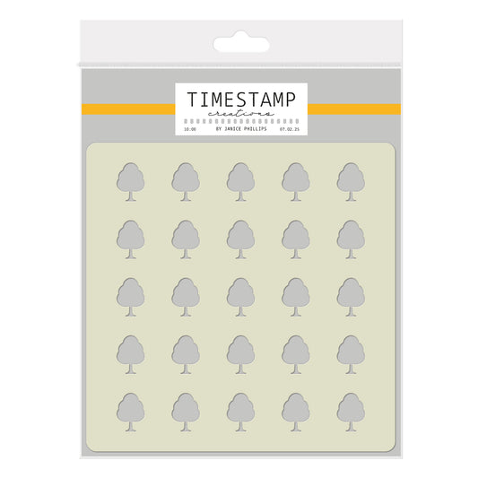 Packaging of 'Timestamp' tree-shaped stamps on a beige background