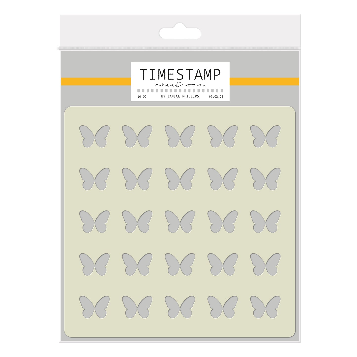Packaging of butterfly-shaped stamps by Timestamp Creatives on a white background.