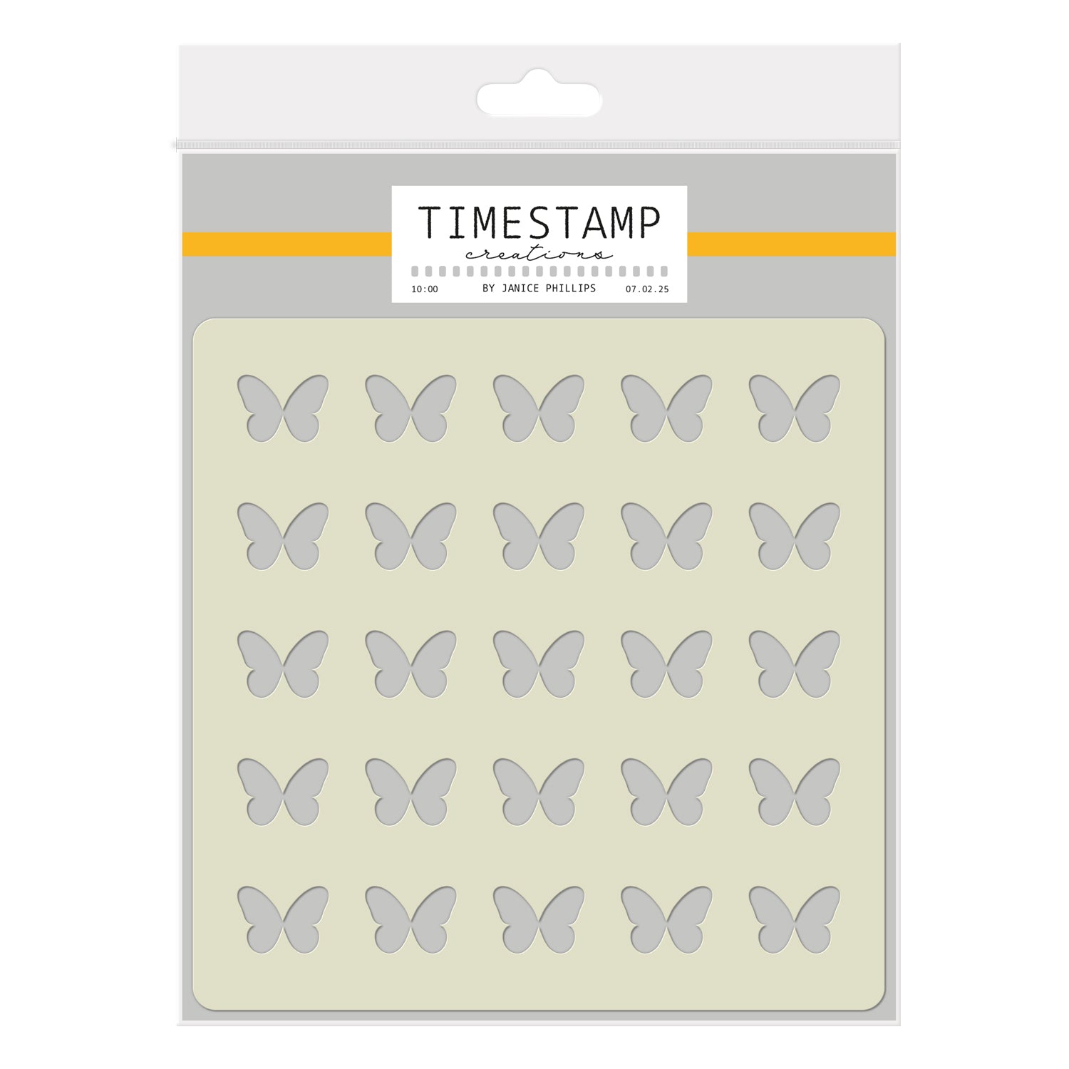 Packaging of butterfly-shaped stamps by Timestamp Creatives on a white background.