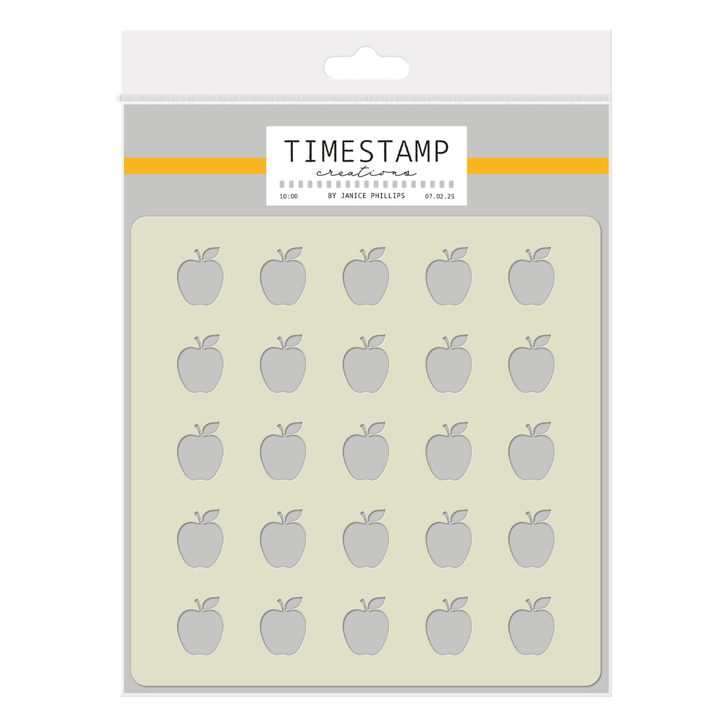 Packaging of 'Timestamp Creatives' with apple-shaped stamps on a beige background