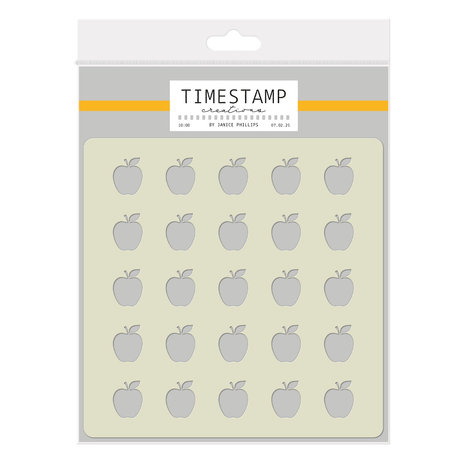Packaging of 'Timestamp Creatives' with apple-shaped stamps on a beige background