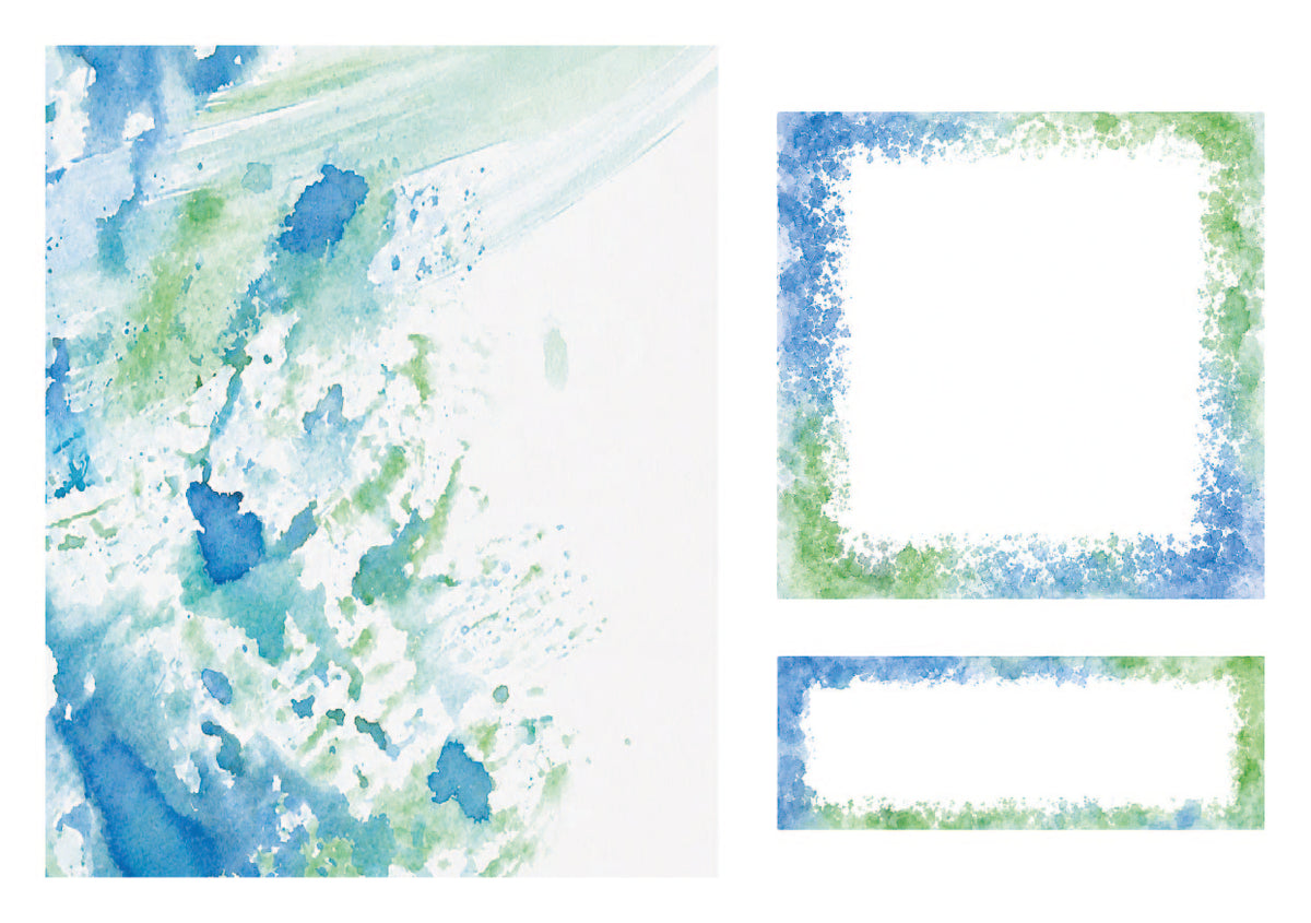 Colorful abstract design with blue and green splashes on a white background