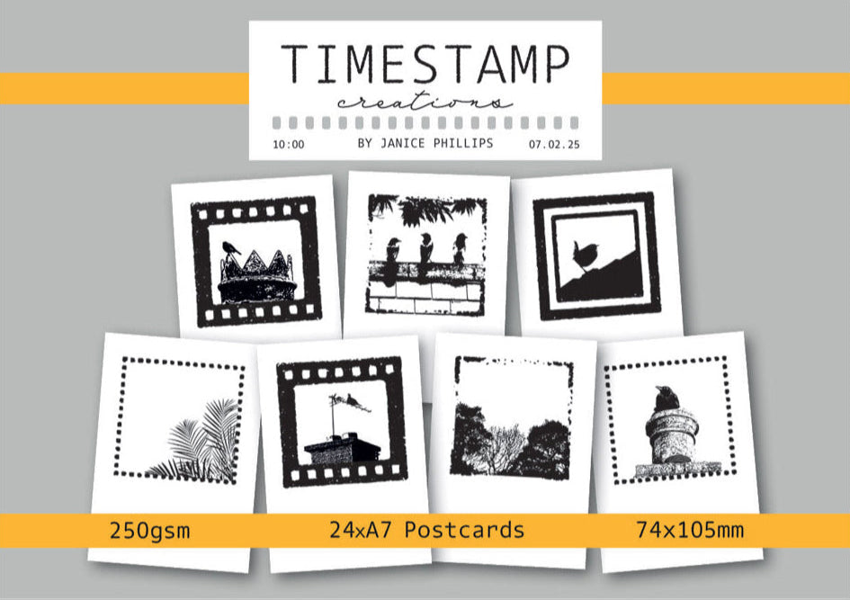 Set of black and white postcards with birds on rooftops by Janice Phillips