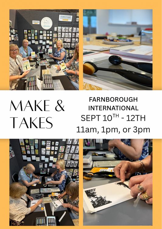 Promotional collage for 'Make & Takes' featuring four photos of people working on craft tables with paintbrushes, paint, and art supplies. The center has a white band with the text 'MAKE & TAKES' and event details: 'FARNBorough INTERNATIONAL Sept 10th - 12th, 11am, 1pm, or 3pm'.